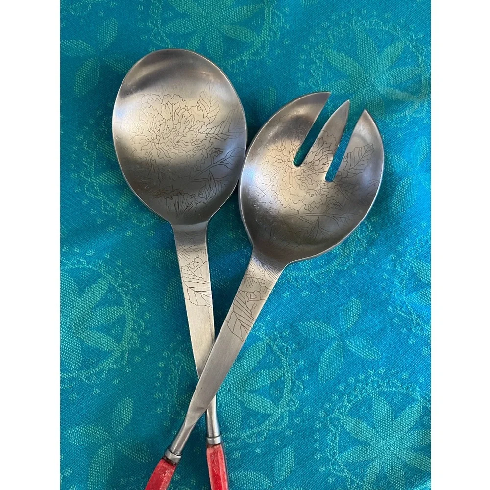 Anthropologie Laine Salad Server Set Etched Floral Pink Bone Handle discontinued
